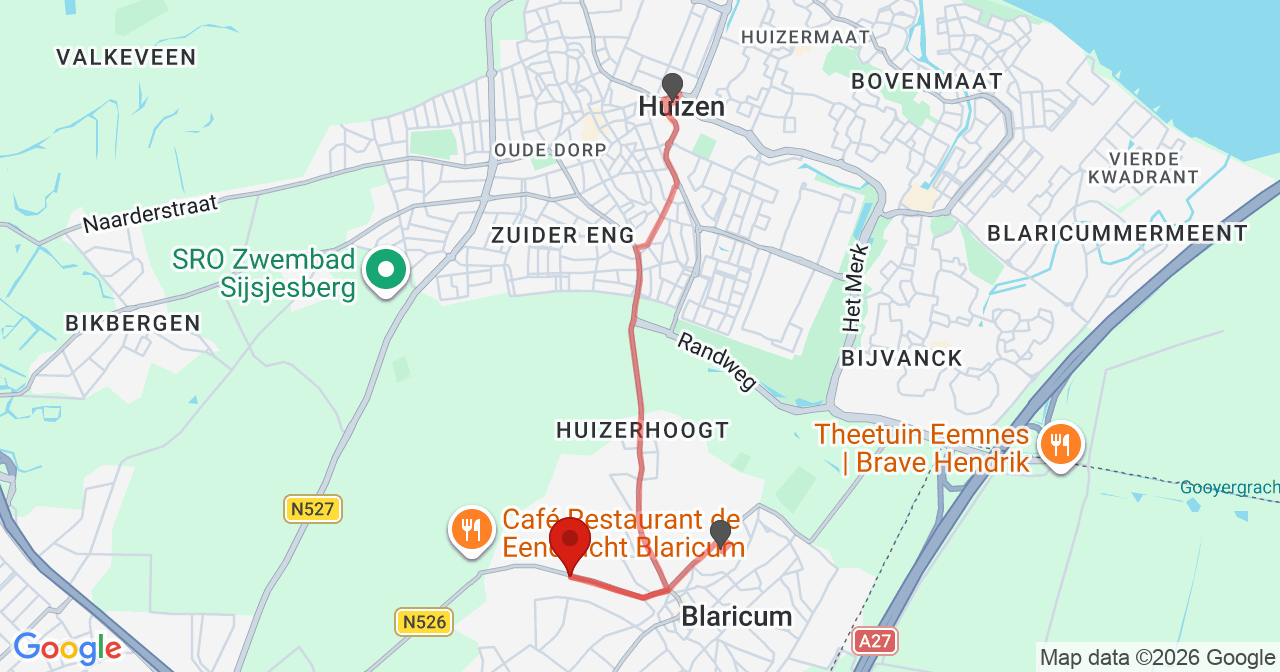 Kaart van het incident in Blaricum met de aanrijroutes van de gealarmeerde eenheden