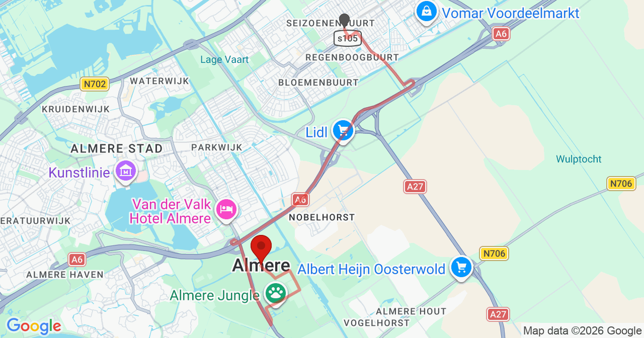 Kaart van het incident in Almere met de aanrijroutes van de gealarmeerde eenheden