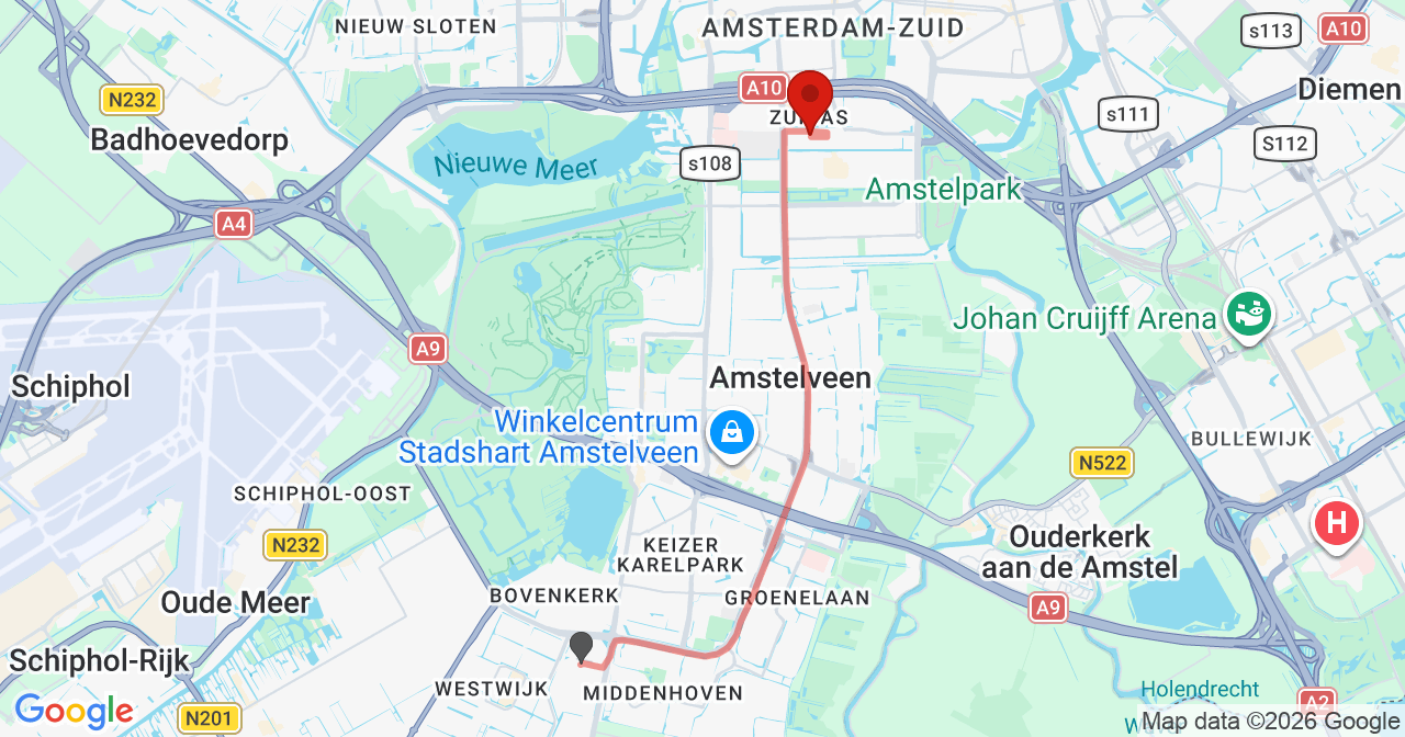 Kaart van het incident in Amsterdam met de aanrijroutes van de gealarmeerde eenheden