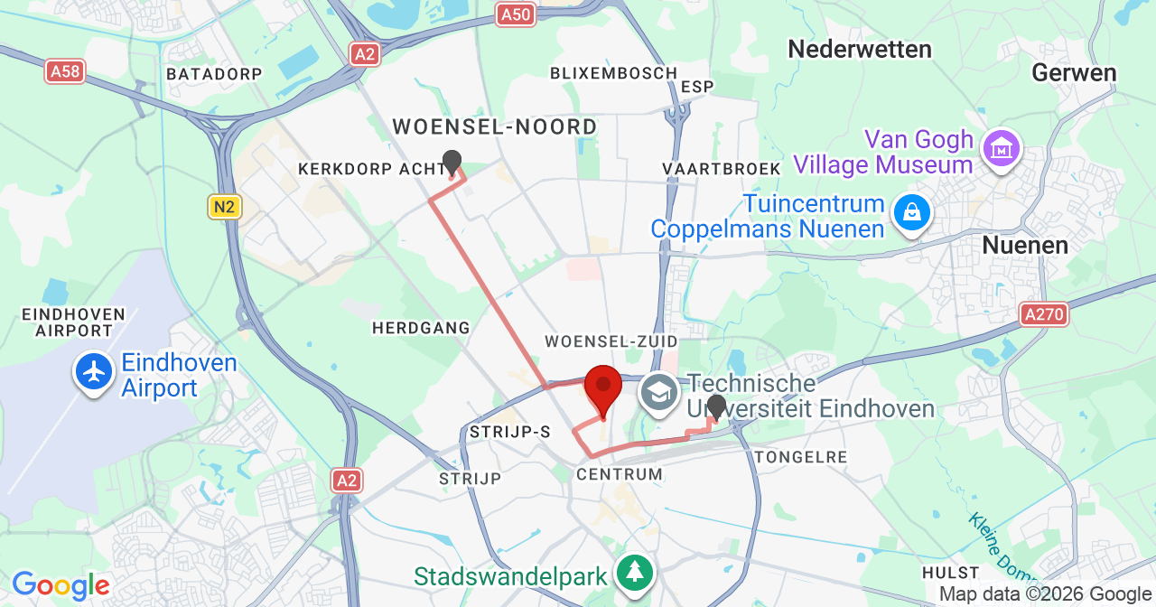 Kaart van het incident in Eindhoven met de aanrijroutes van de gealarmeerde eenheden
