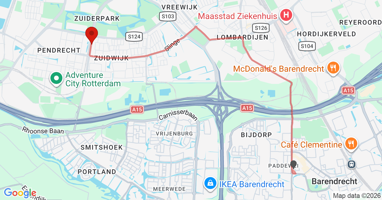 Kaart van het incident in Rotterdam met de aanrijroutes van de gealarmeerde eenheden