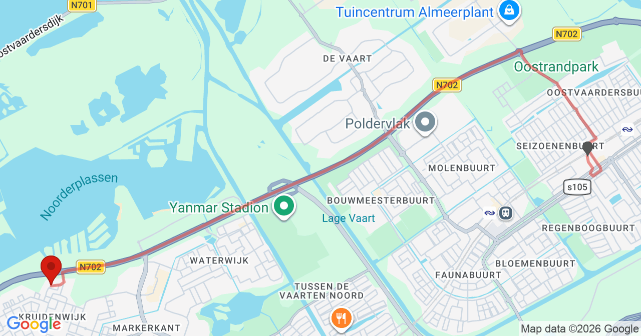 Kaart van het incident in Almere met de aanrijroutes van de gealarmeerde eenheden