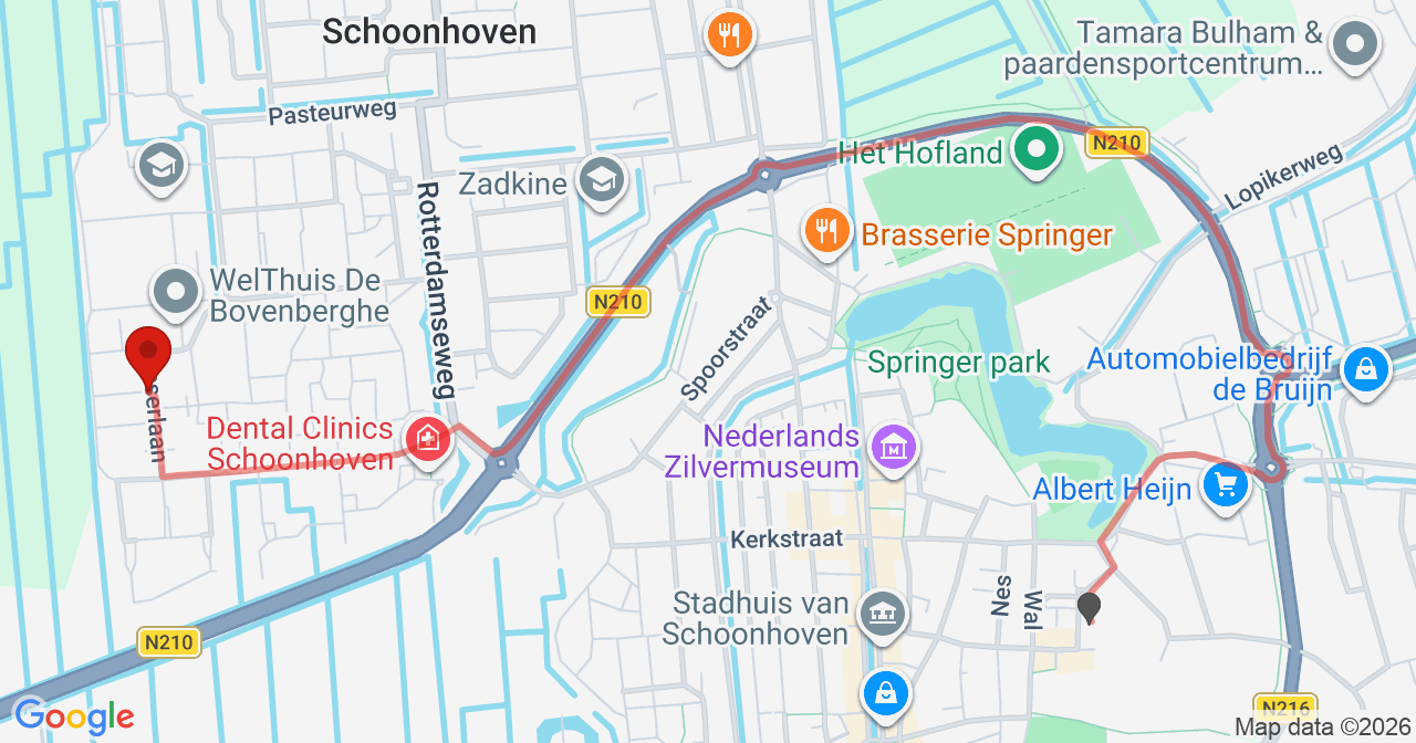 Kaart van het incident in Schoonhoven met de aanrijroutes van de gealarmeerde eenheden