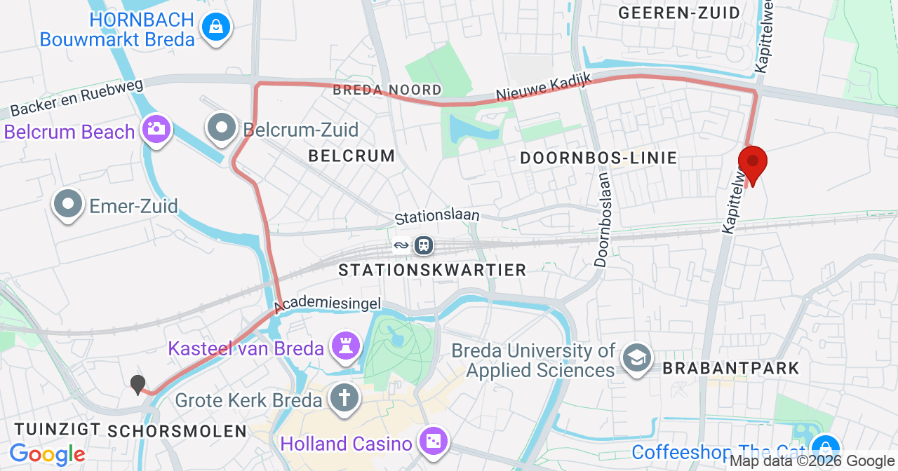 Kaart van het incident in Breda met de aanrijroutes van de gealarmeerde eenheden