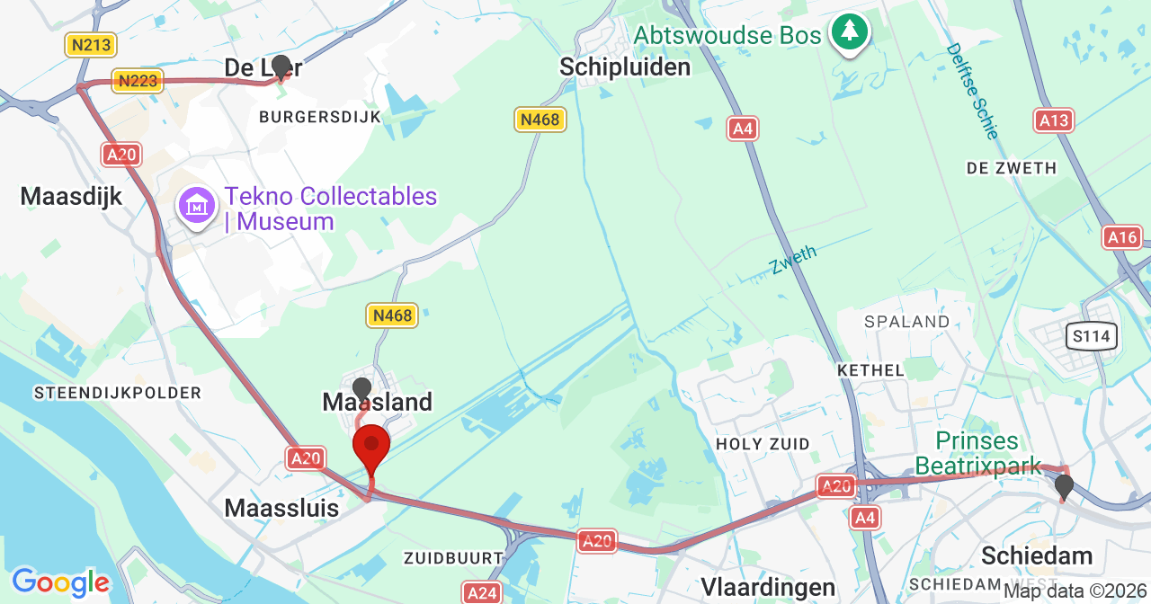 Kaart van het incident in Maasland met de aanrijroutes van de gealarmeerde eenheden