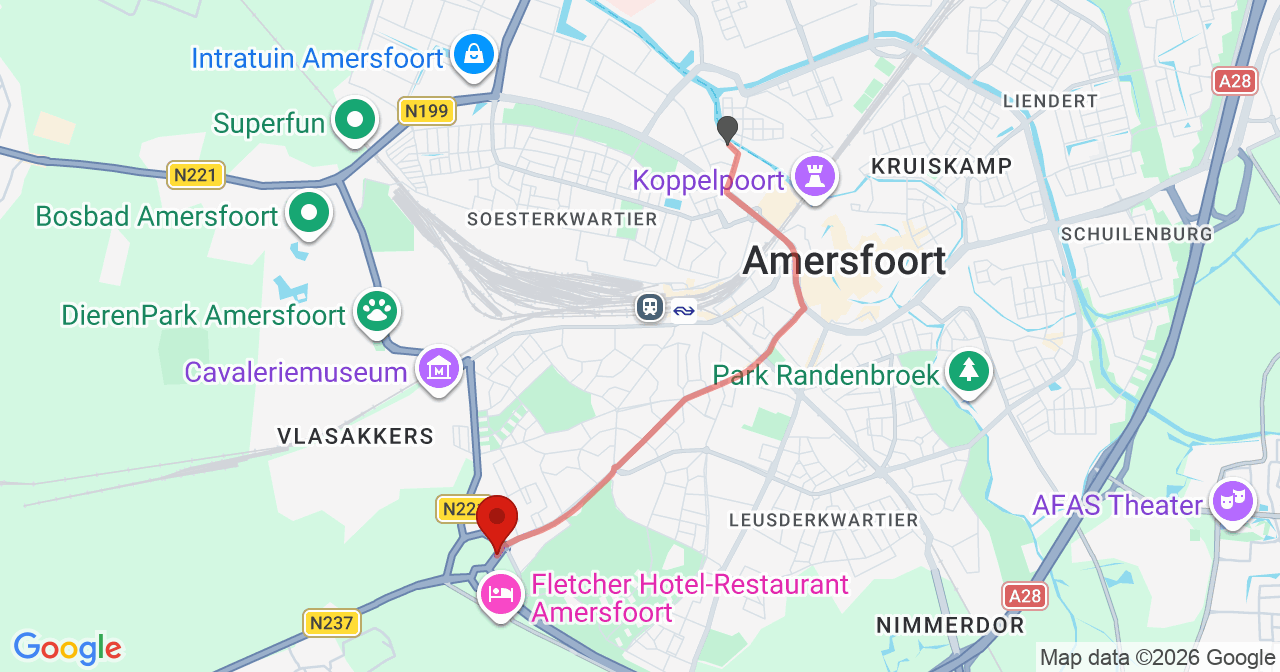 Kaart van het incident in Amersfoort met de aanrijroutes van de gealarmeerde eenheden