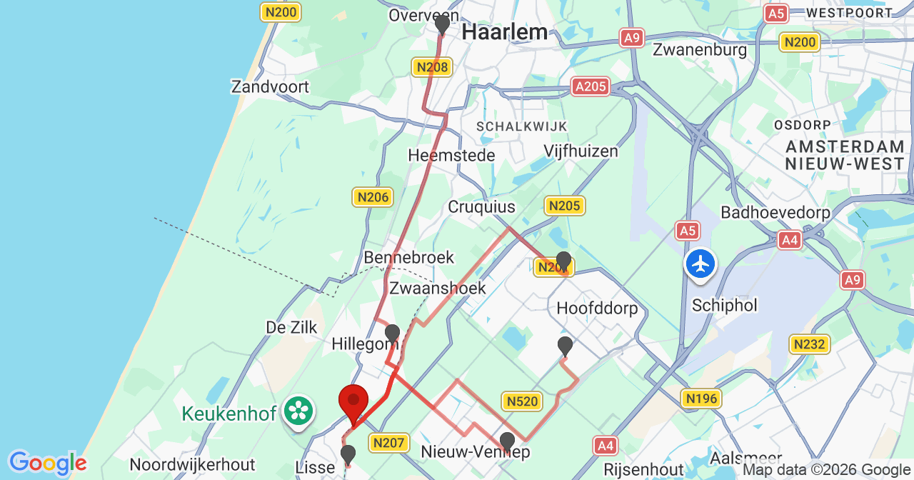 Kaart van het incident in Lisserbroek met de aanrijroutes van de gealarmeerde eenheden