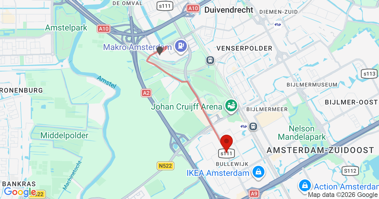 Kaart van het incident in Amsterdam met de aanrijroutes van de gealarmeerde eenheden