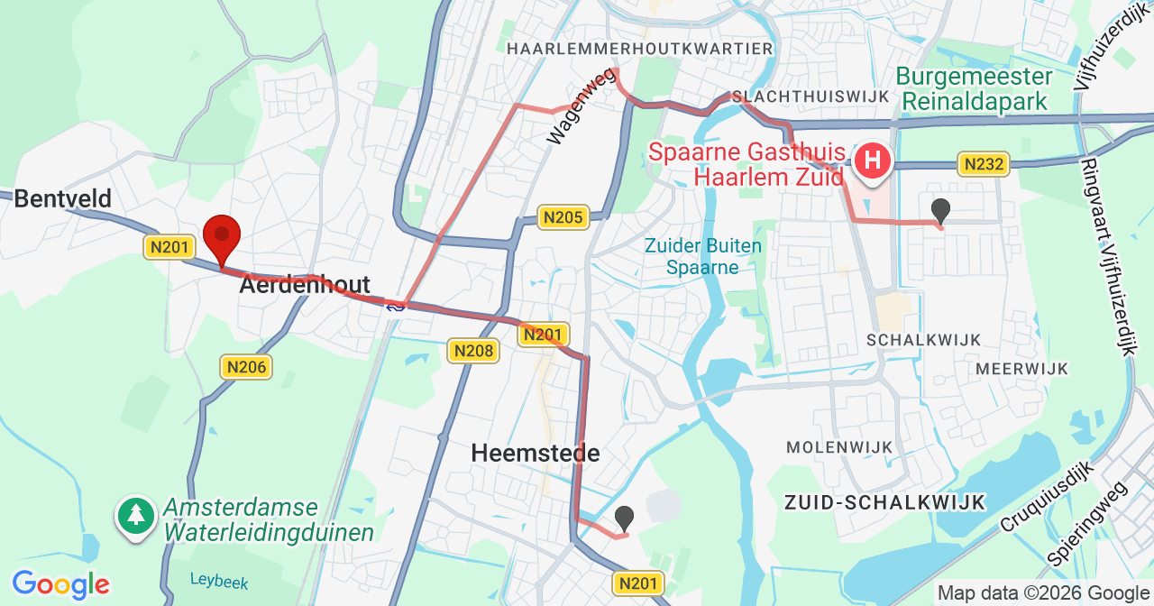 Kaart van het incident in Aerdenhout met de aanrijroutes van de gealarmeerde eenheden