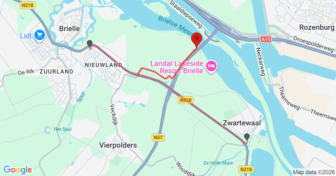 Kaart van het incident in Vierpolders met de aanrijroutes van de gealarmeerde eenheden