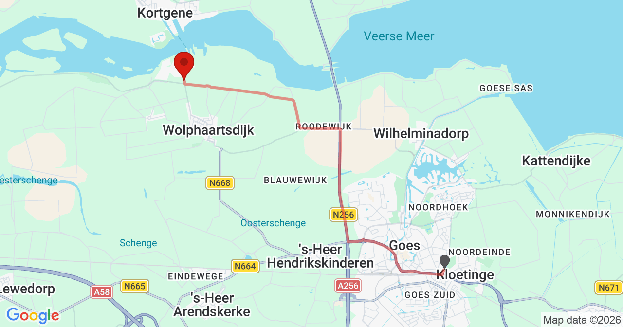 Kaart van het incident in Wolphaartsdijk met de aanrijroutes van de gealarmeerde eenheden