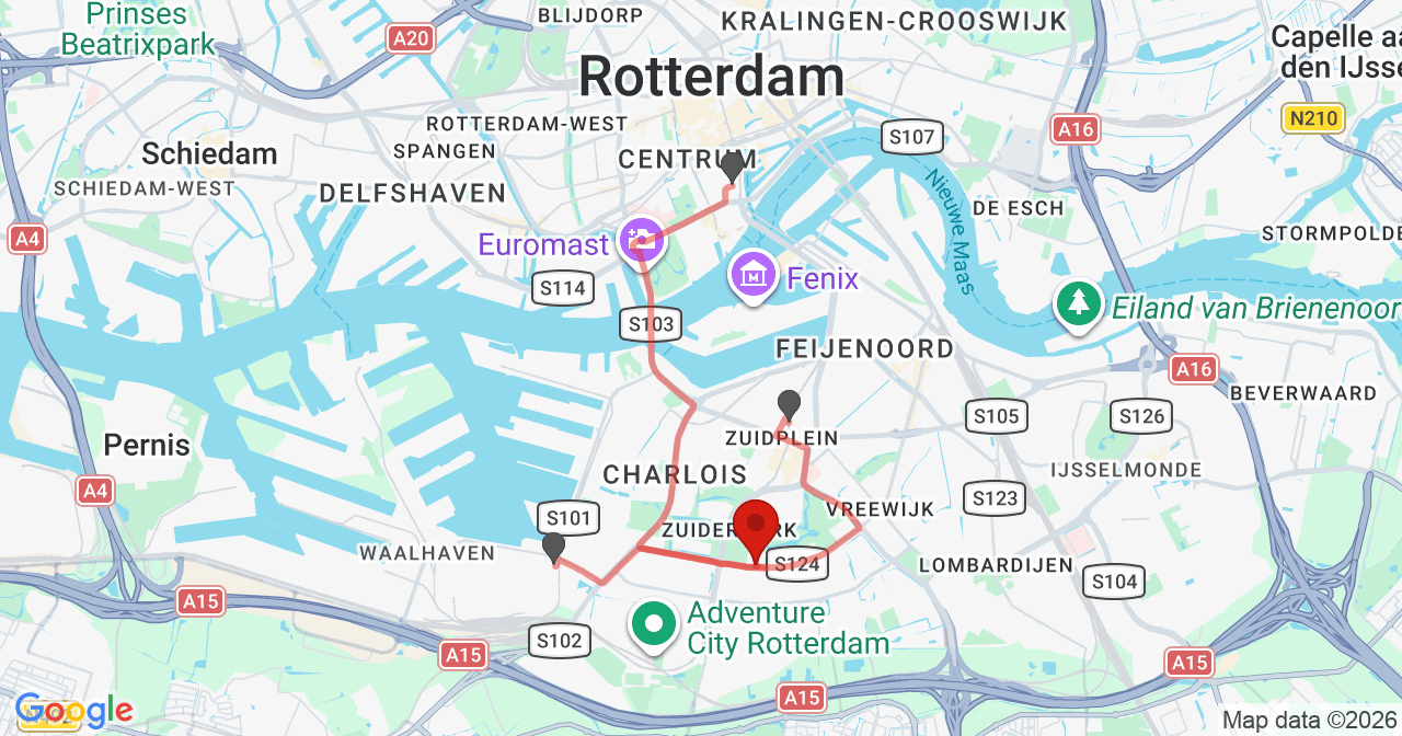 Kaart van het incident in Rotterdam met de aanrijroutes van de gealarmeerde eenheden