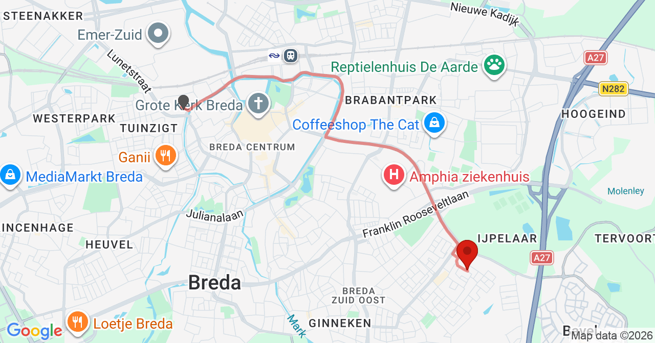 Kaart van het incident in Breda met de aanrijroutes van de gealarmeerde eenheden