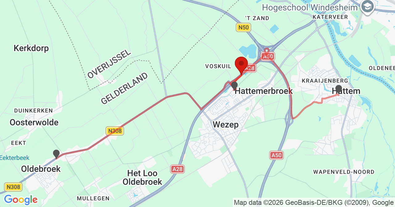 Kaart van het incident in Hattemerbroek met de aanrijroutes van de gealarmeerde eenheden