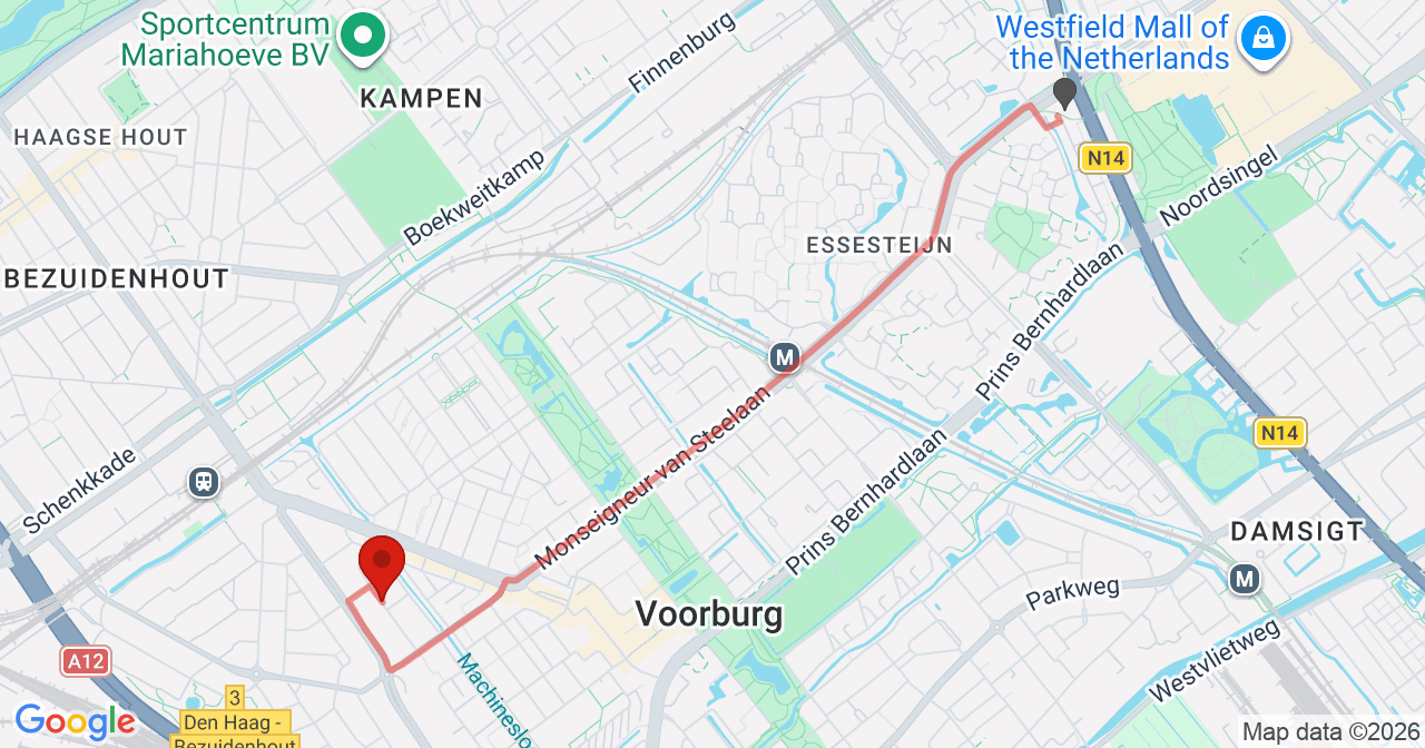 Kaart van het incident in Voorburg met de aanrijroutes van de gealarmeerde eenheden