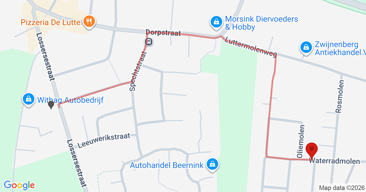 Kaart van het incident in De Lutte met de aanrijroutes van de gealarmeerde eenheden