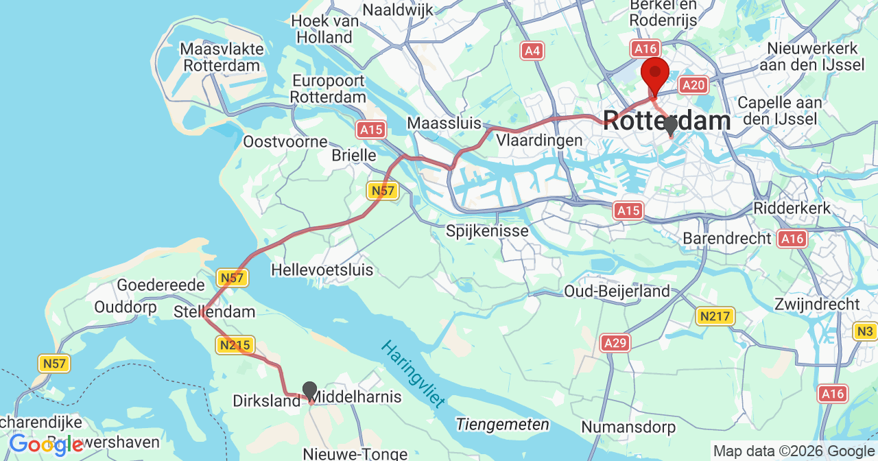 Kaart van het incident in Rotterdam met de aanrijroutes van de gealarmeerde eenheden