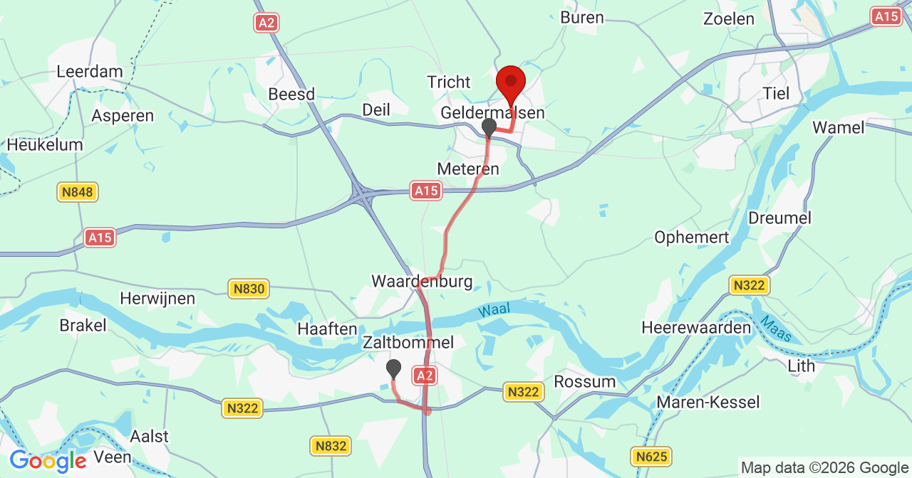 Kaart van het incident in Geldermalsen met de aanrijroutes van de gealarmeerde eenheden