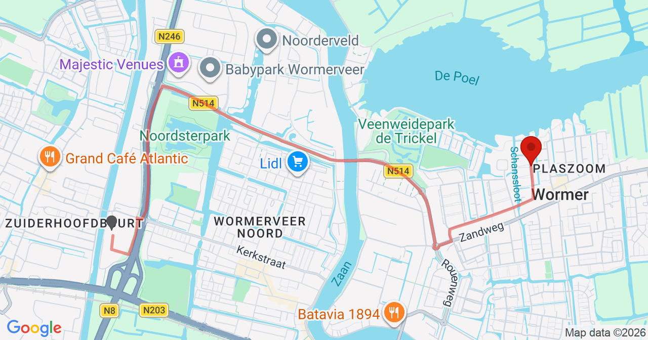 Kaart van het incident in Wormer met de aanrijroutes van de gealarmeerde eenheden