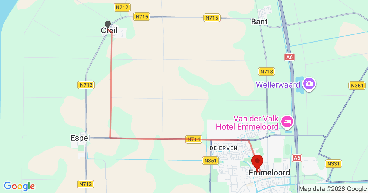 Kaart van het incident in Emmeloord met de aanrijroutes van de gealarmeerde eenheden