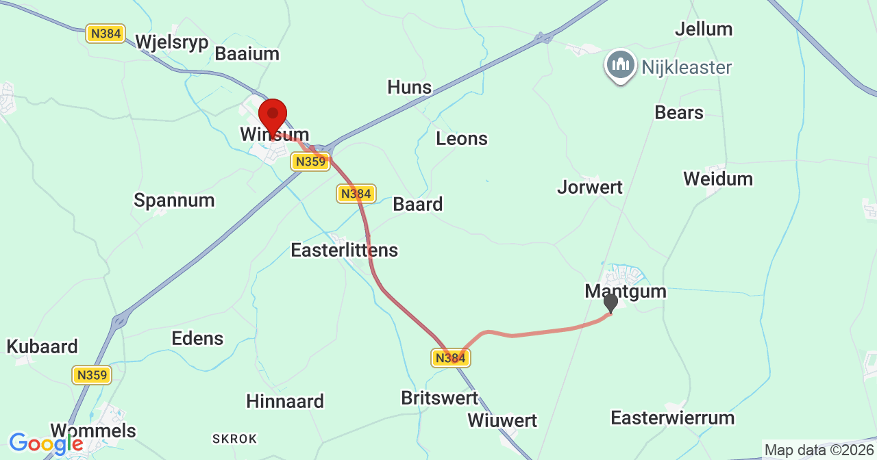 Kaart van het incident in Winsum Fr met de aanrijroutes van de gealarmeerde eenheden