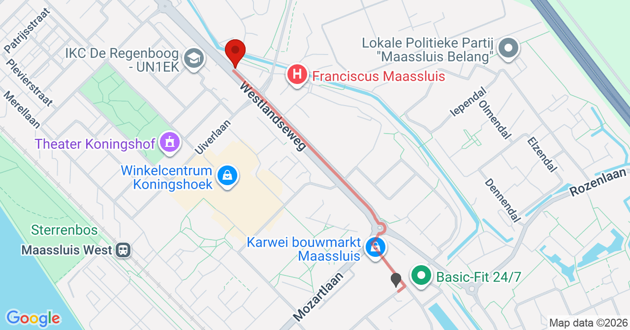 Kaart van het incident in Maassluis met de aanrijroutes van de gealarmeerde eenheden