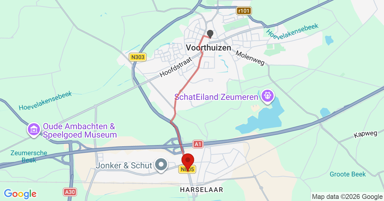 Kaart van het incident in Barneveld met de aanrijroutes van de gealarmeerde eenheden