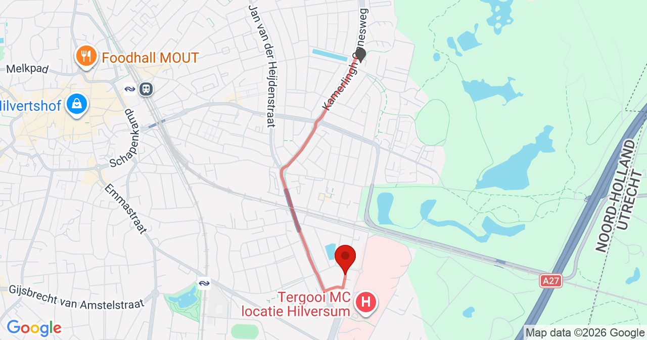 Kaart van het incident in Hilversum met de aanrijroutes van de gealarmeerde eenheden