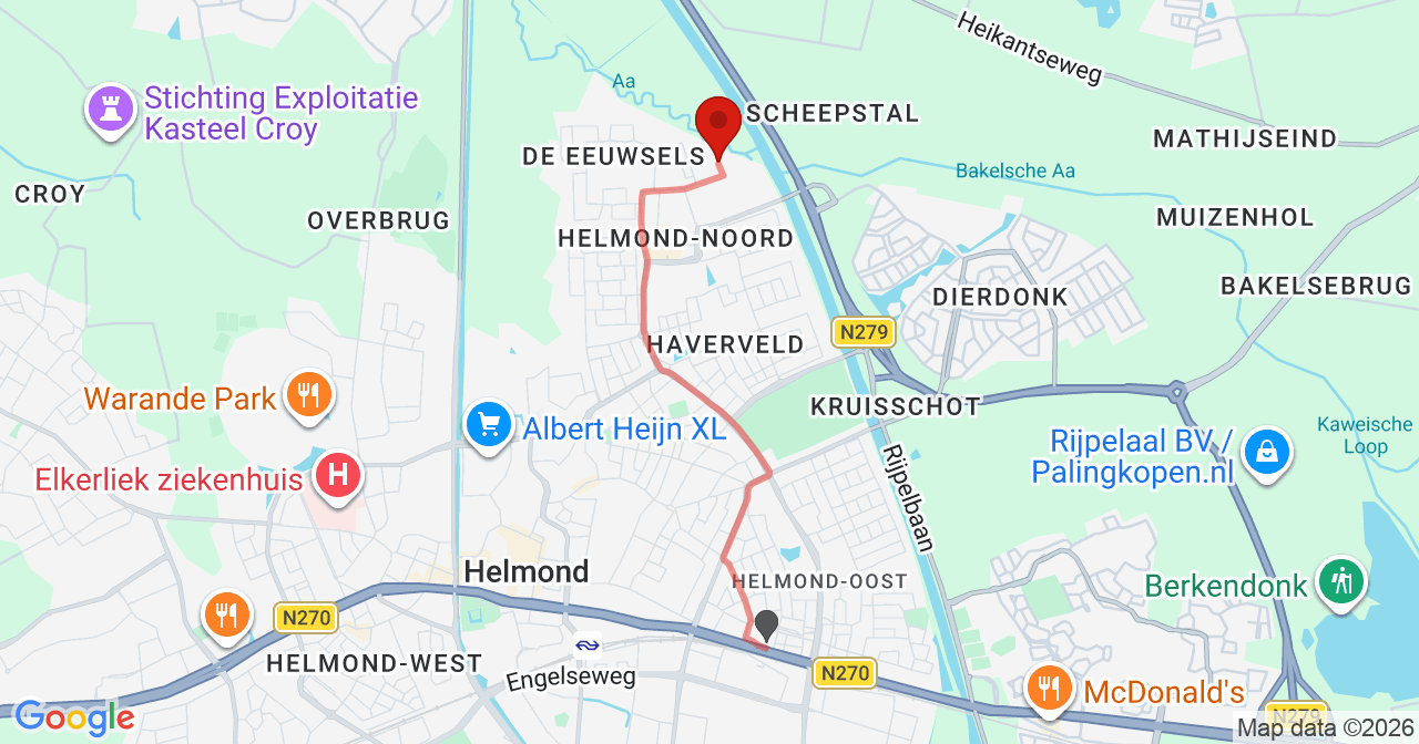 Kaart van het incident in Helmond met de aanrijroutes van de gealarmeerde eenheden