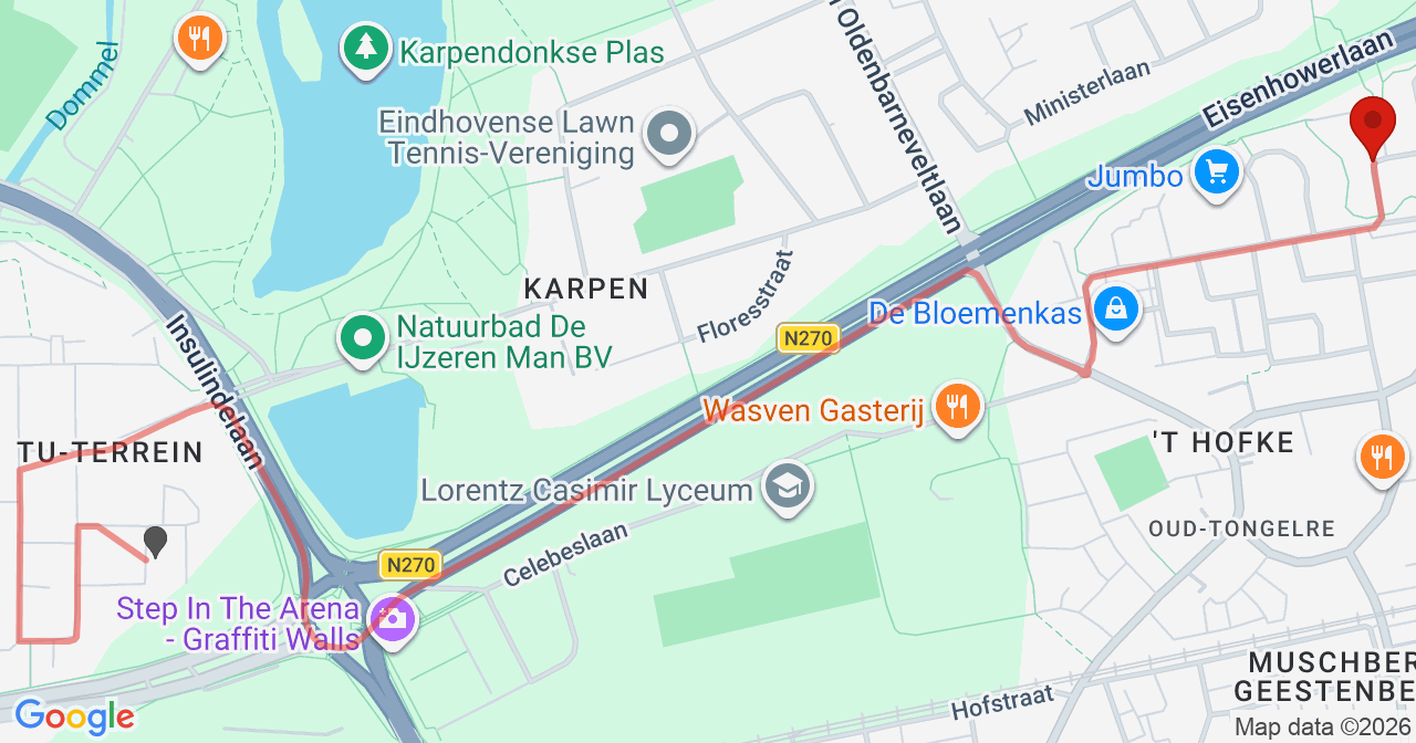 Kaart van het incident in Eindhoven met de aanrijroutes van de gealarmeerde eenheden