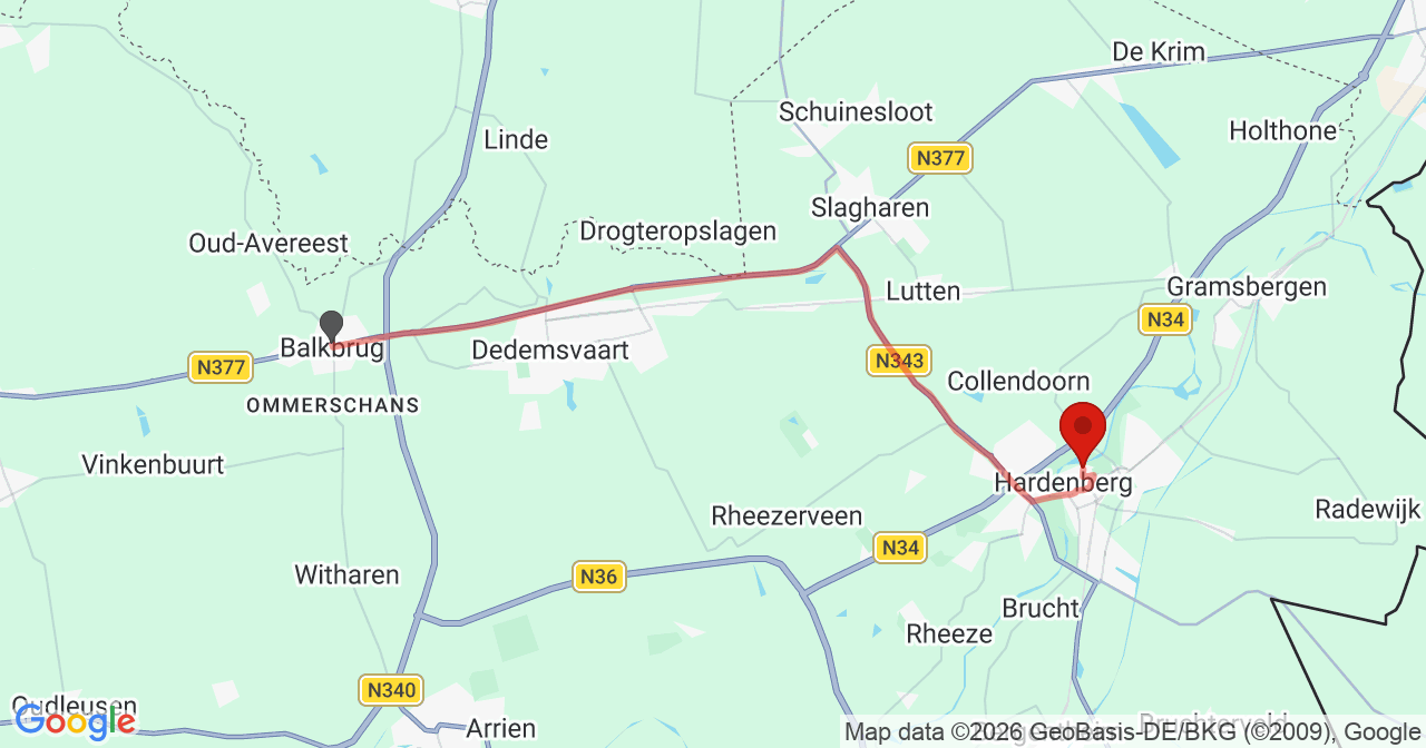 Kaart van het incident in Hardenberg met de aanrijroutes van de gealarmeerde eenheden