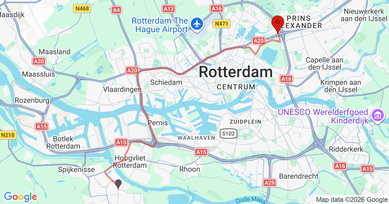 Kaart van het incident in Rotterdam met de aanrijroutes van de gealarmeerde eenheden