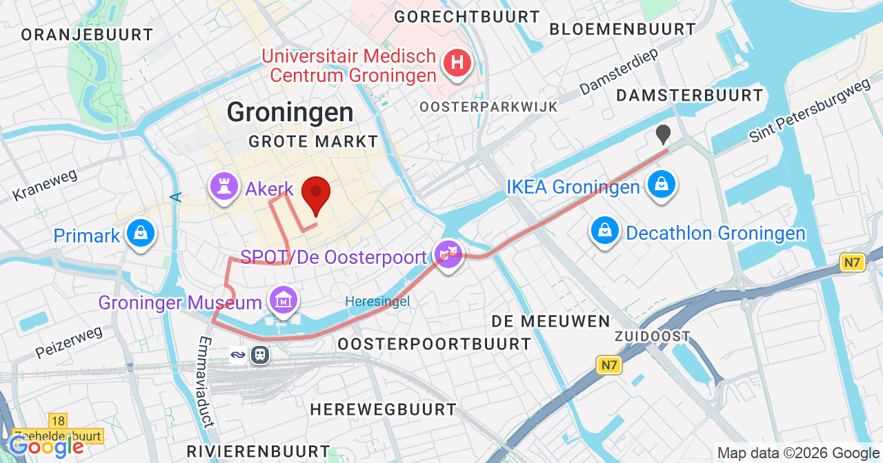 Kaart van het incident in Groningen met de aanrijroutes van de gealarmeerde eenheden