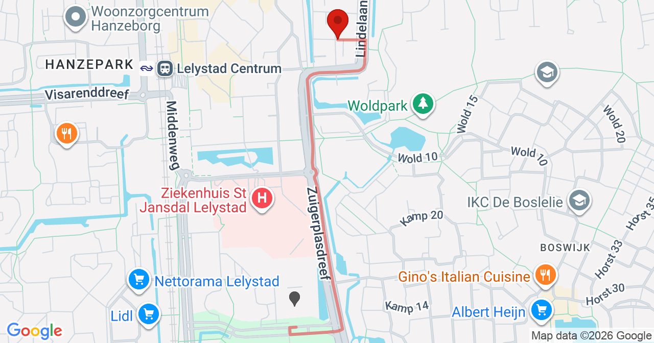 Kaart van het incident in Lelystad met de aanrijroutes van de gealarmeerde eenheden