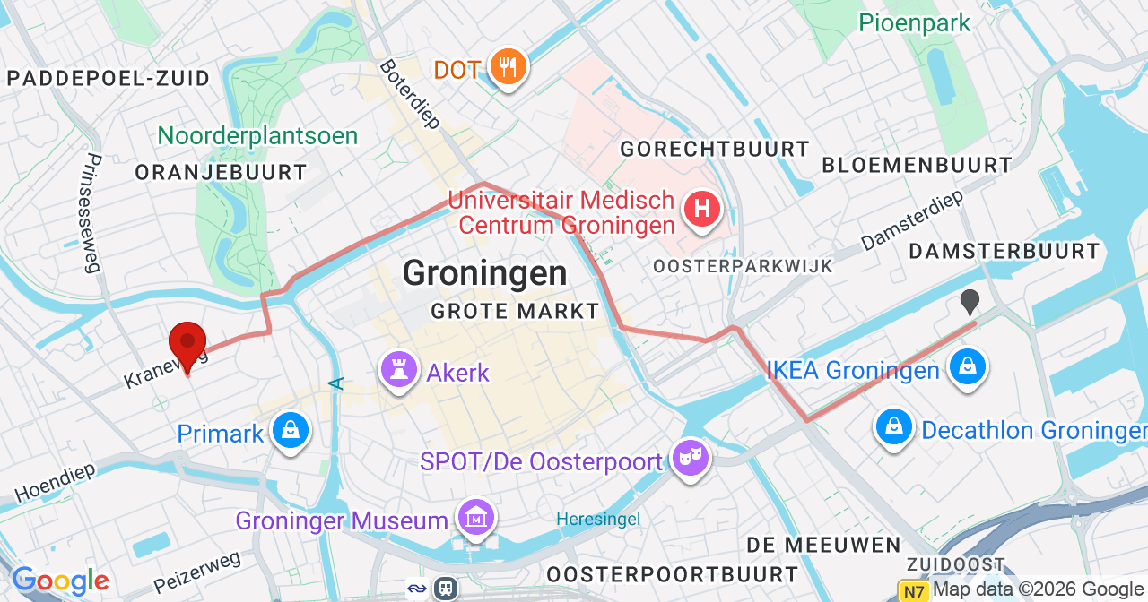 Kaart van het incident in Groningen met de aanrijroutes van de gealarmeerde eenheden