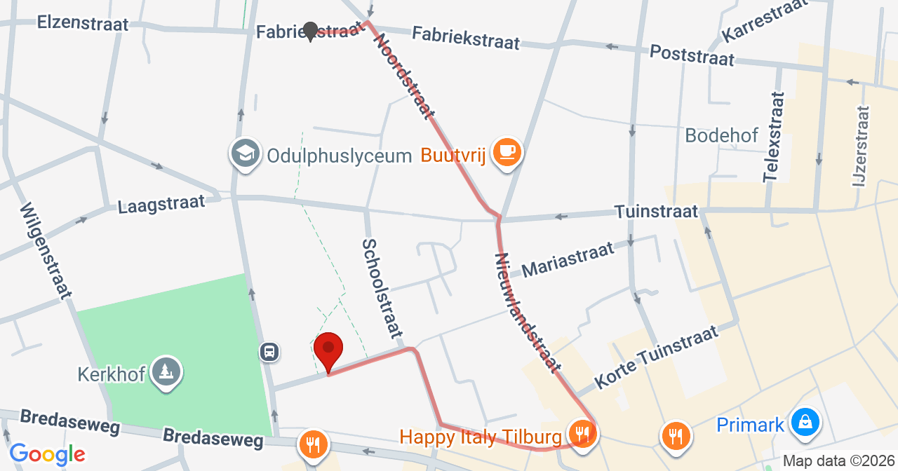 Kaart van het incident in Tilburg met de aanrijroutes van de gealarmeerde eenheden