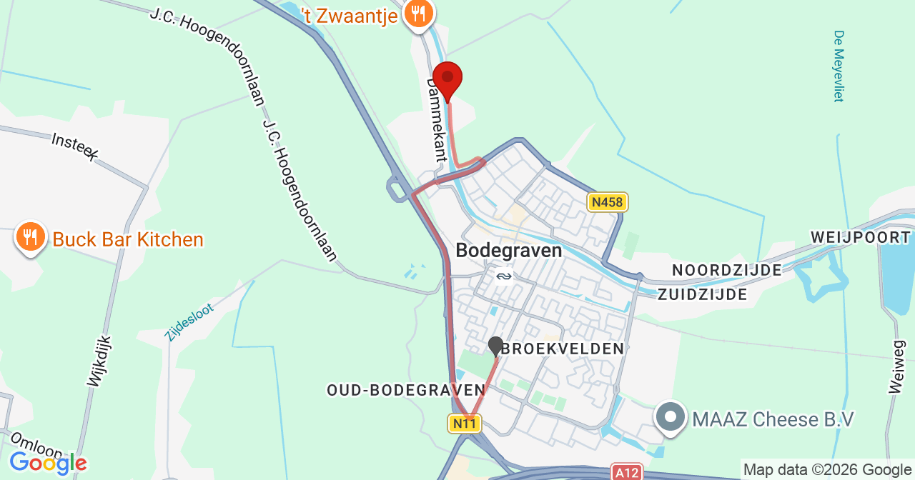 Kaart van het incident in Bodegraven met de aanrijroutes van de gealarmeerde eenheden