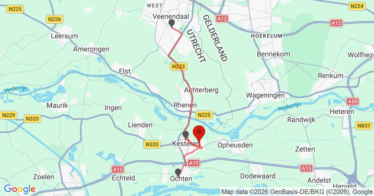 Kaart van het incident in Kesteren met de aanrijroutes van de gealarmeerde eenheden
