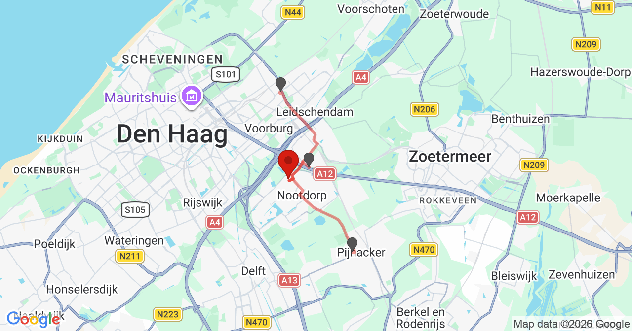 Kaart van het incident in 's-Gravenhage met de aanrijroutes van de gealarmeerde eenheden
