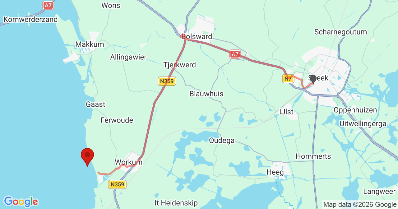 Kaart van het incident in Workum met de aanrijroutes van de gealarmeerde eenheden