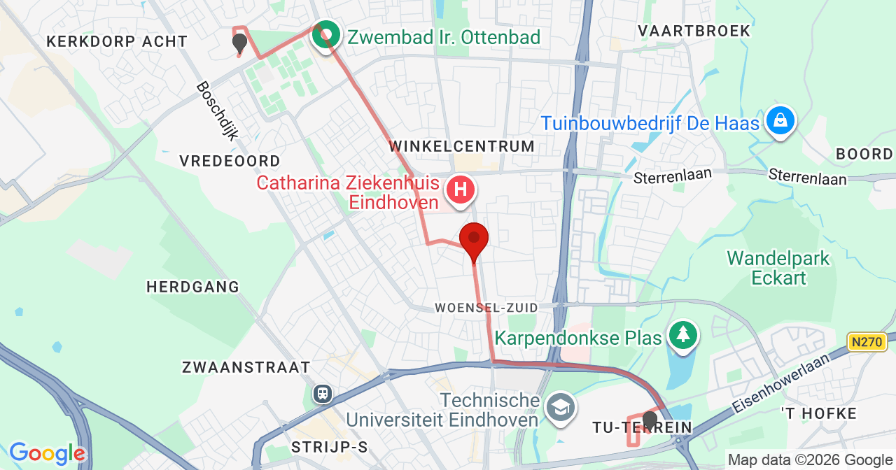 Kaart van het incident in Eindhoven met de aanrijroutes van de gealarmeerde eenheden