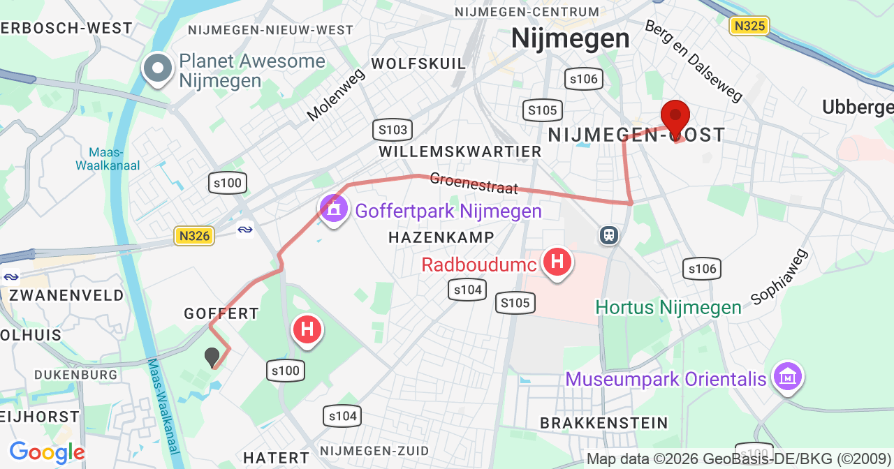 Kaart van het incident in Nijmegen met de aanrijroutes van de gealarmeerde eenheden
