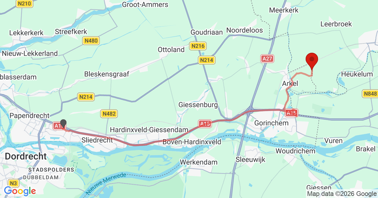 Kaart van het incident in Arkel met de aanrijroutes van de gealarmeerde eenheden