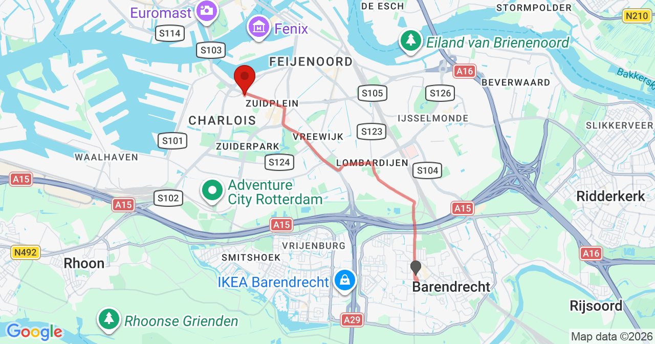 Kaart van het incident in Rotterdam met de aanrijroutes van de gealarmeerde eenheden