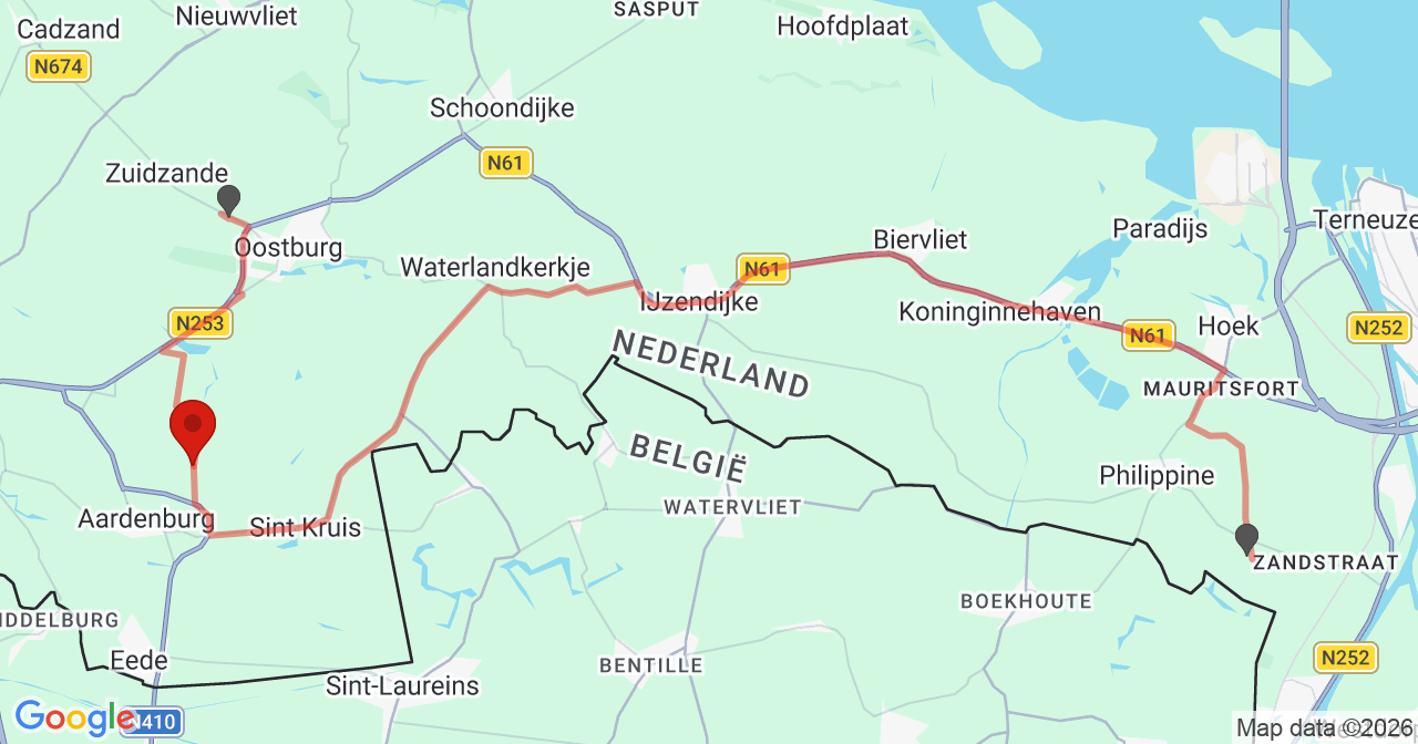 Kaart van het incident in Aardenburg met de aanrijroutes van de gealarmeerde eenheden