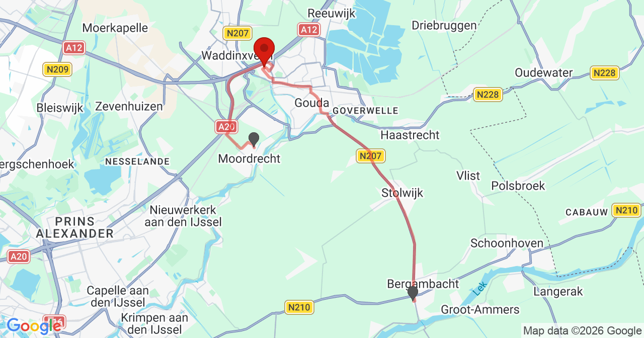 Kaart van het incident in Gouda met de aanrijroutes van de gealarmeerde eenheden