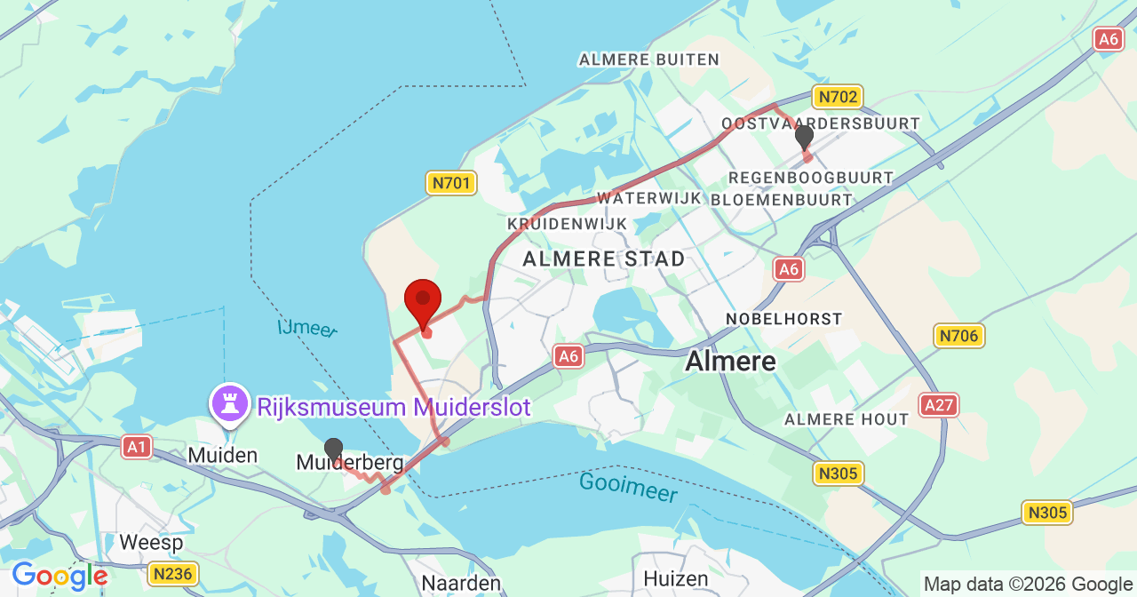 Kaart van het incident in Almere met de aanrijroutes van de gealarmeerde eenheden