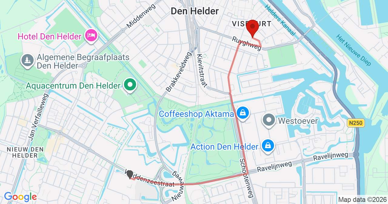 Kaart van het incident in Den Helder met de aanrijroutes van de gealarmeerde eenheden