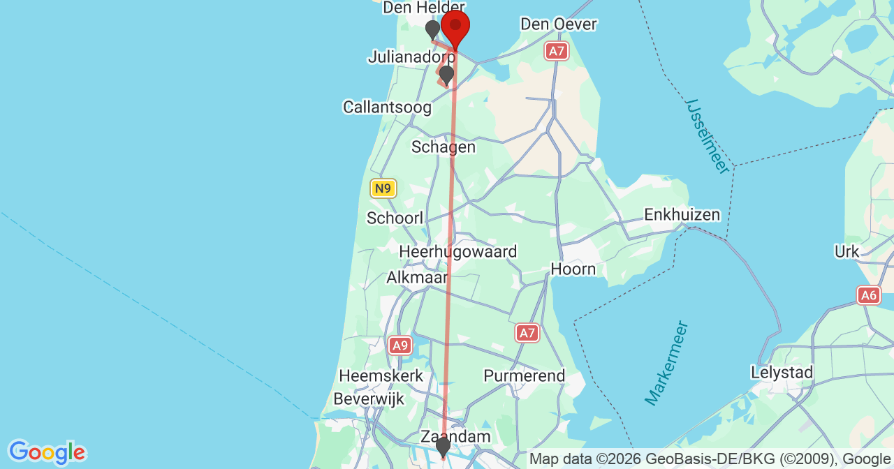 Kaart van het incident in Breezand met de aanrijroutes van de gealarmeerde eenheden