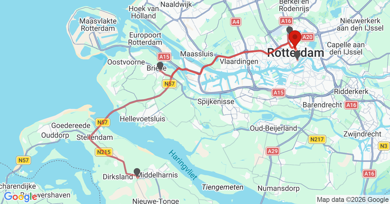 Kaart van het incident in Rotterdam met de aanrijroutes van de gealarmeerde eenheden